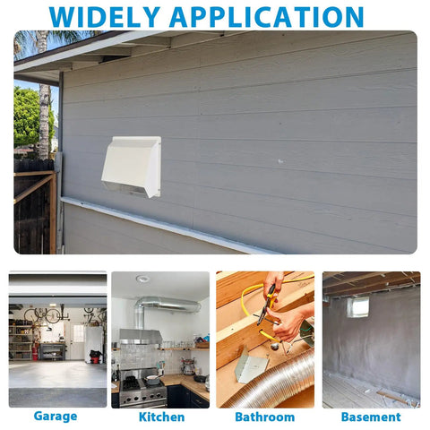 10 Inch Hooded Wall Vent With Screen And Damper For Outdoor Exhaust mounted on house wall, various applications shown below