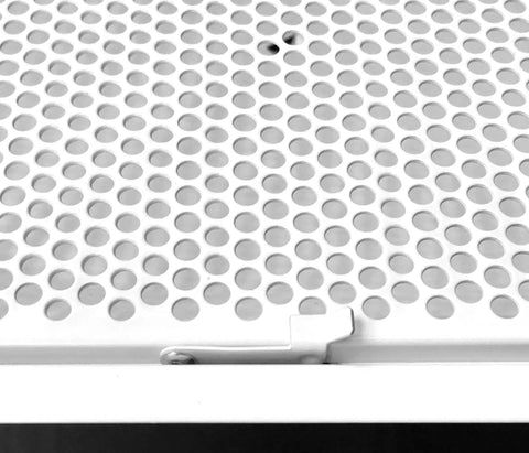 Close-up of 24 By 24 Inch T Bar Drop Ceiling Return Grill with perforated front, rust-free aluminum back, and easy snap latch.