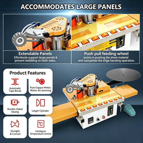 Heavy Duty Portable Edge Banding Machine With Automatic Tape Cutting For Straight And Curved Woodworking Projects showing extendable panels and feeding wheel.