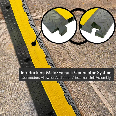 Heavy Duty Cable Protector Ramp Cover With Flip Open Top For Indoor Outdoor Use 4 Channel Cord Protection Waterproof Holds Up To 33000lbs Per Ramp 31.5 By 16.1 By 3.14 Inches 2 Pack Black And Yellow, showing interlocking connector system on concrete floor