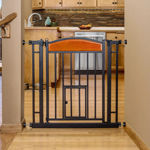 Walk Through Pet Gate With Cherry Wood Accents And Black Finish, Sturdy Metal Frame, Expands From 30.5 To 33.5 Inches, 30 Inch Tall, Pressure Mount