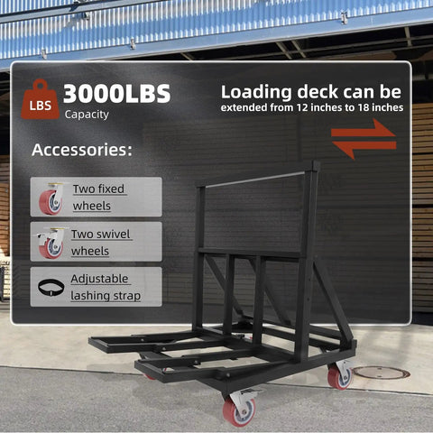 Heavy duty dolly with 3000 pound capacity, folding design, and durable wheels for drywall transport at industrial jobsites.