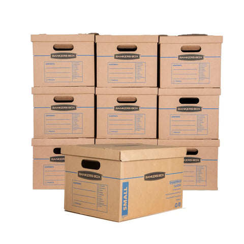 Stacked small moving boxes with reinforced handles, heavy duty cardboard, ideal for packing and organization.