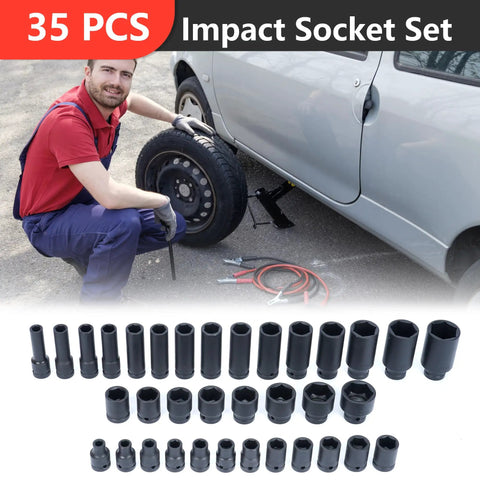 35-Piece 1/2 Inch Drive Deep Impact Socket Set With 6-Point Sockets, Heavy Duty Spindle And Axle Nut Kit, Deep Length 38mm And 78mm, Garage Ready For Car Auto Truck Repairs with man using socket on vehicle wheel.