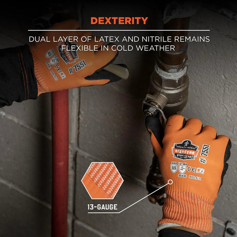 ProFlex 7551 Waterproof Winter Work Gloves With Sandy Nitrile Dipped Palms, ANSI A5 Cut Resistant grip on valve
