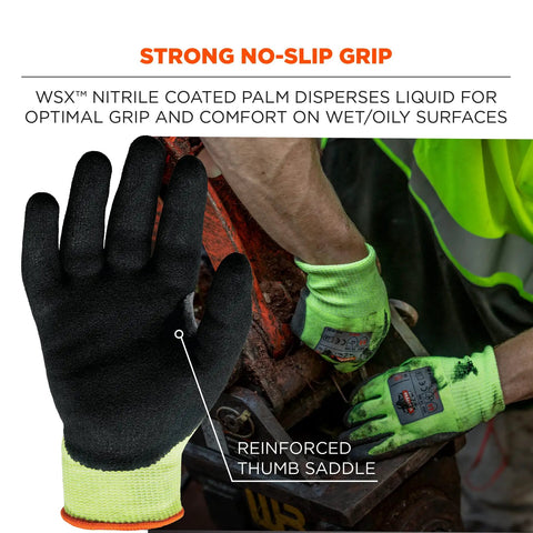 ProFlex 7041 Lime Cut Resistant Gloves With Nitrile Coated Palms For Superior Grip, shown on hands in industrial use.
