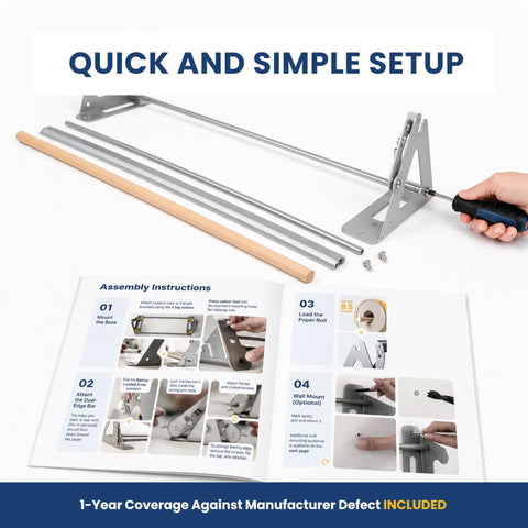 Flawless One Hand Paper Roll Dispenser And Cutter assembly setup with parts and instructions, functional design for easy installation.