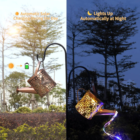 2 Pack Solar Watering Cans With Cascading Lights on Shepherd Hook, Daisy Pattern, Day-Night Function in Garden with Trees Background