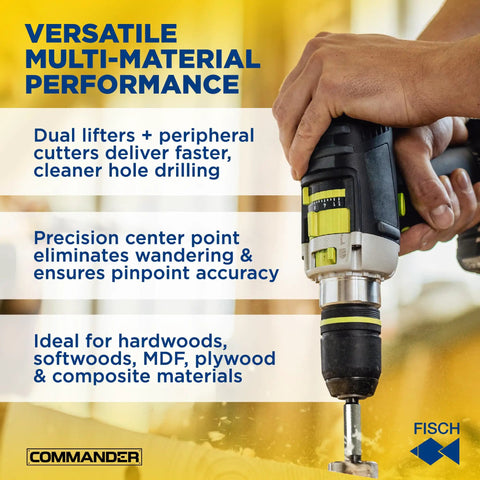 Wave Cutter Forstner Bit Set 7-Piece for Woodworking with Splinter-Free Cutting, drilling into wood using a power drill.