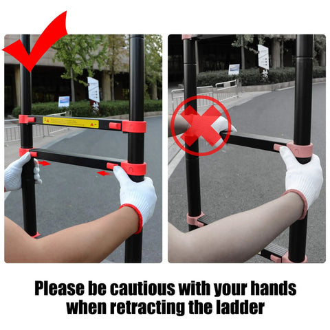 Safety usage of the Ten Point Five Ft Aluminum Telescoping Ladder With 330 Lb Capacity, showing proper operation of extending and retracting.