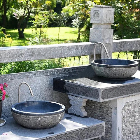 Outdoor setup with two stone sinks and Single Lever Flexible Pull Out Kitchen Water Tap With Deck Mount Cold Water Basin Faucet.