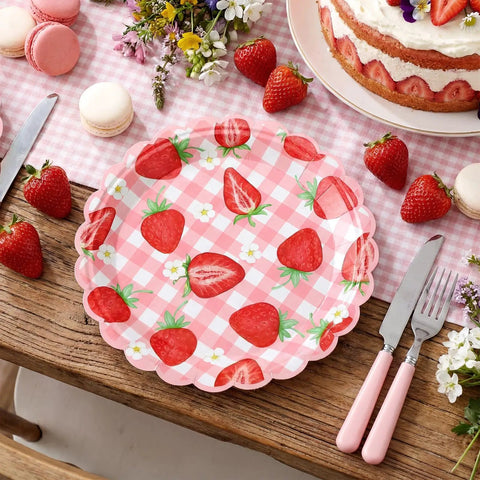 100 Pack Strawberry Grid Paper Plates 9 Inch Disposable Summer Fruit Dessert Tableware For Birthday Baby Shower Wedding Top Tier Party Setup Slay Your Spread Fresh Berry Vibes on a rustic table with cake and strawberries.