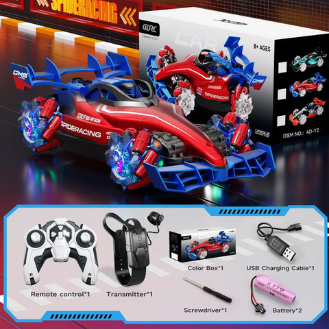 Two Point Four GHz monster RC truck for stunts with lights and music, remote, and USB charging cable, designed for all-terrain action.
