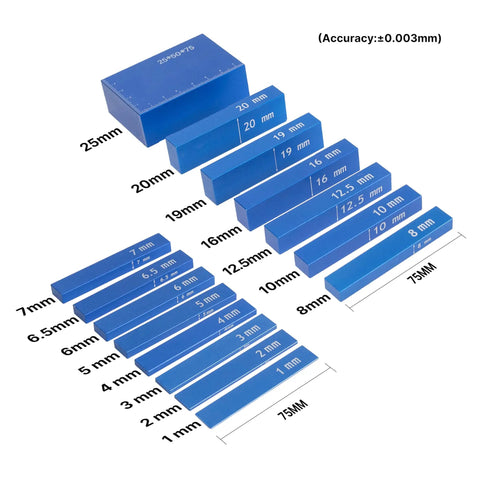Top Shelf High Precision Metric Setup Blocks, Durable Anodized Aluminum Height Gauge Set For Router And Table Saw Fine Tuning, Laser Etched 15 Piece Kit displayed with various metric gauge block sizes.