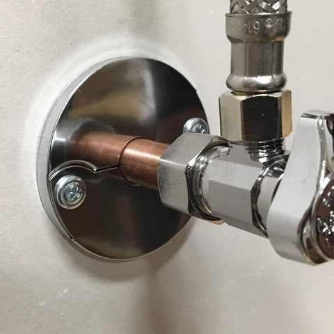 Hinged Split Escutcheons For One Half Inch CTS Pipes In Chrome Finish With Screws Five Eighth Inch OD Pipe Covers, installed on copper pipe