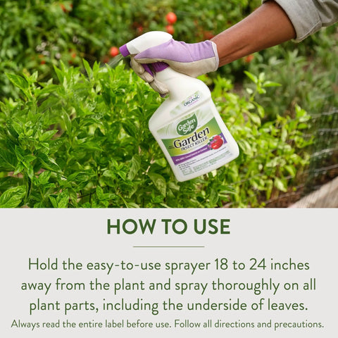 Person spraying Organic Garden Insect Killer Spray For Home Gardens And Greenhouses Kills 100 Plus Listed Pests On Contact Safe For Use Up To Day Of Harvest 32 Fluid Ounces on plants