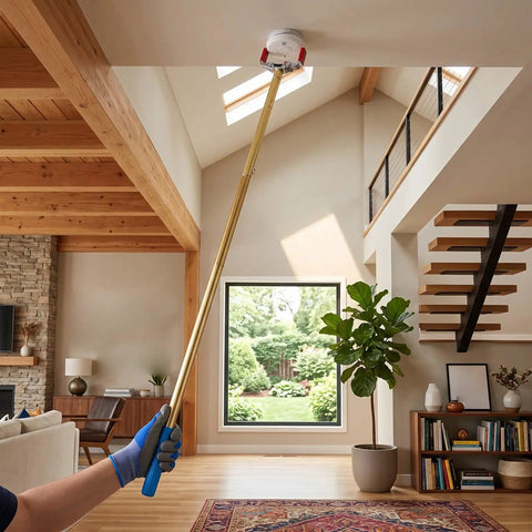 Telescoping Smoke Detector Removal Tool 5.3 Meter Reach used to access a smoke detector in a high ceiling home interior.