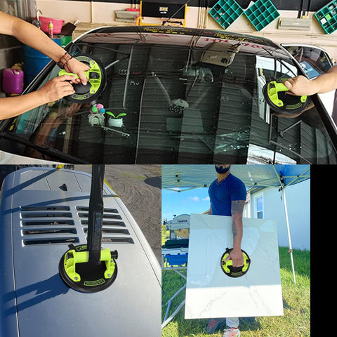 DEWINNER 8-inch glass suction cups for lifting windshield glass and granite; neon-green bases, 660 lb capacity, 2-pack.