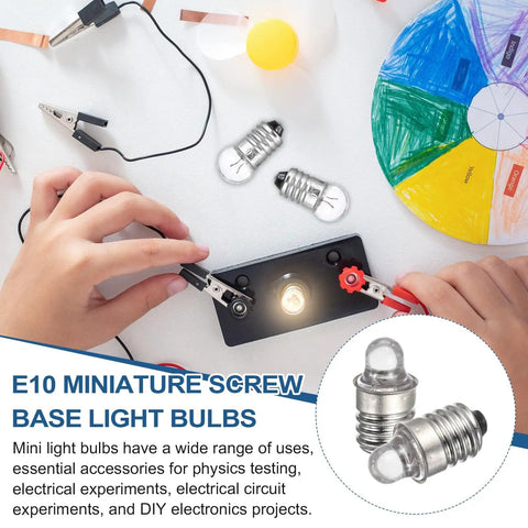 Four Pack E10 Miniature Screw Base Light Bulbs 3V 0.3A Dope White Glow Solid Glass And Metal Construction Tight Fit Replacement Lamps For Gadgets And Hobby Projects Ready To Roll in use with wires and clamps.