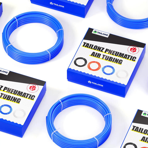 Coiled Blue Polyurethane Air Hose Kit 4mm OD 2.5mm ID 50ft Flexible Pneumatic Tube For Air Tools with packaging.