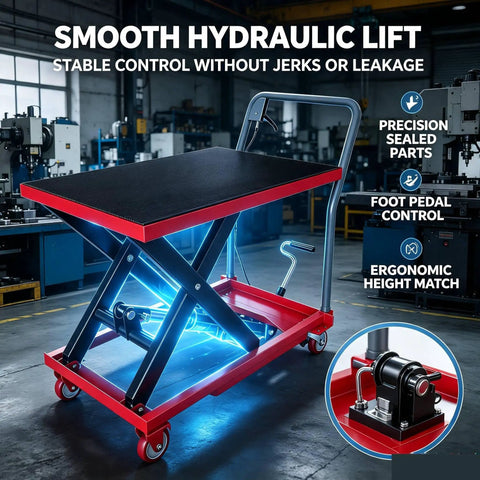 Manual Hydraulic Scissor Lift Table Cart Providing 330 Lb Capacity Plus 28.5 Inch Max Rise with ergonomic design and foot pedal.