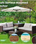 Heavy Duty Steel Beach Umbrella Sand Anchor No Dig Ground Stake with patio setup, suitable for grass, dirt, and sand.
