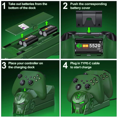 Upgraded Dual Controller Charger Dock With 2x5520mWh Rechargeable Battery Packs For Xbox One Series X S Controllers Green Finish