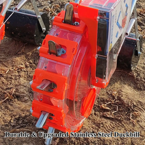 Walk Behind Garden Seeder Six Hole Seed Spreader Hand Push Planter showing stainless steel duckbill feature