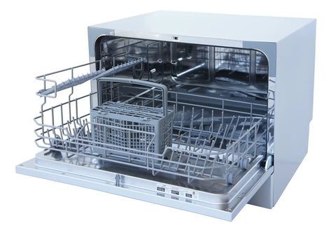 Interior view of the Compact Countertop Dishwasher Featuring A Slick Digital Interface And Six Heavy Duty Wash Cycles.