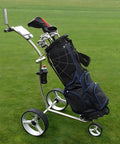 Electric Golf Push Cart With Nine Speed Controls And Rugged Three Wheel Design Features Automatic Fixed Distance Cruise Memory Function, loaded with golf clubs on grass.