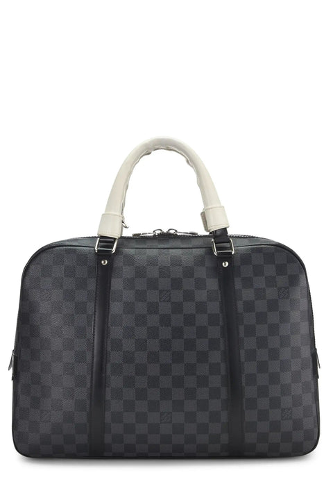 White Damier Graphite Porte Documents Voyage Travel Document Holder Pre Loved Nice Condition With Light Scuffs On Exterior Leather Accents Two Leather Top Handles Measures 14 Inch Long 11 Inch High 2 Inch Deep Made In France.