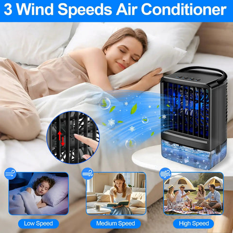 Ultimate Portable Air Conditioner Mini Personal AC For Desk And Bedroom, 3 Speed Evaporative Cooler shown on bedside table