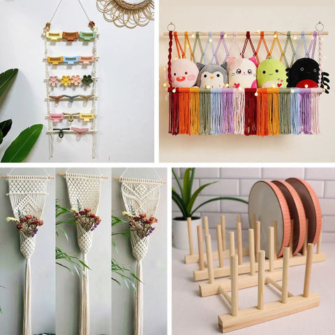 Hassle Free 25 Pack Wood Dowel Rods 3/8 Inch By 15 Inch Smooth Unfinished Craft Sticks For Macrame DIY Creations And Home Decor Natural Hardwood Heavy Duty Wooden Sticks displayed in various DIY projects.