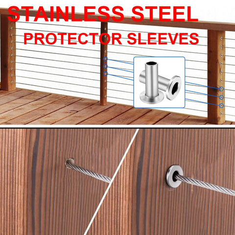 Stainless Steel Protector Sleeves For Deck Cable Railing Fits 1/8 Inch, 5/32 Inch Or 3/16 Inch Cable on wood posts, marine grade T316