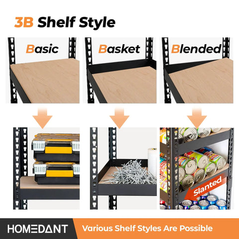 Heavy Duty 5 Tier Garage Shelving Unit With Adjustable Metal Racks 35.9 Inch Wide showing basic, basket, and blended shelf styles