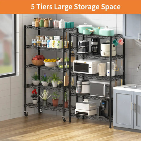 Heavy Duty 5 Tier Wire Shelving Unit With Beefy Rolling Casters Adjustable Black Metal Storage Rack NSF Certified 1900 Lbs Capacity 36 By 14 By 72 Inches in kitchen with storage pots and appliances.