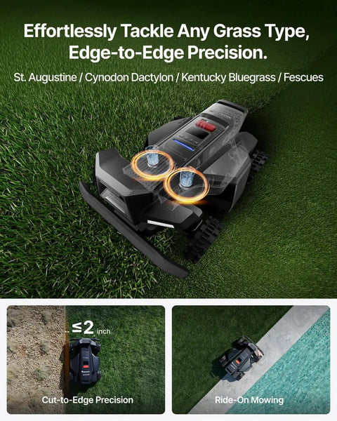 X450 All Wheel Drive Robotic Lawn Mower on grass, showcasing edge-to-edge precision and dual 180W motors, cutting edge close-up.