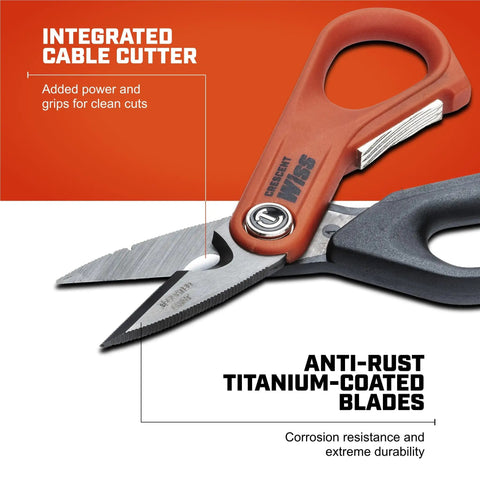 Electrician Shears Pro Titanium Blade Scissors With Titanium Coated Steel, Ergonomic TPR Grip Handles And Control Bar Extension