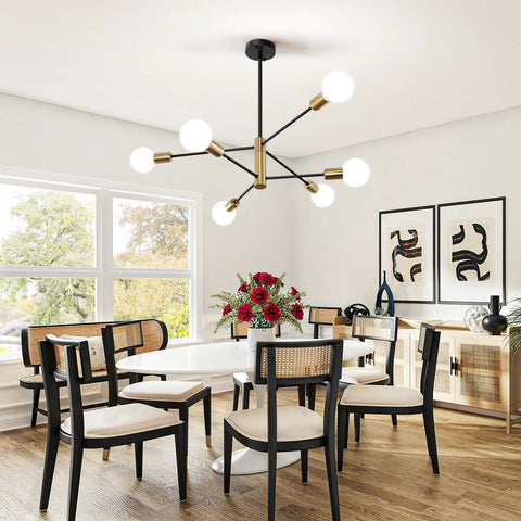Sputnik Style 6 Light Modern Gold and Black Chandelier for Dining Room with Rotatable Arms
