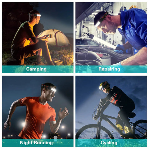 Rechargeable Headlamp Flashlight With Wide Beam For Outdoor Use on camper, mechanic, runner, and cyclist at night