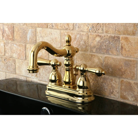 Heritage Classic 4-Inch Centerset Lavatory Faucet With Metal Lever Handle in polished brass, deck mount, on black sink