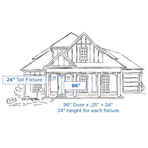 Blueprint sketch showing a house facade with dimensions for installing Two Light Outdoor Wall Lantern In Black Finish, Santee Style.