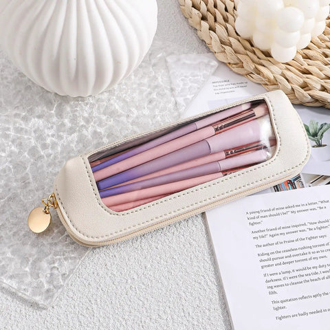 Stylish Beige PU Leather Travel Makeup Bag, Super Portable Transparent Waterproof Cosmetic Organizer Pouch with Zipper