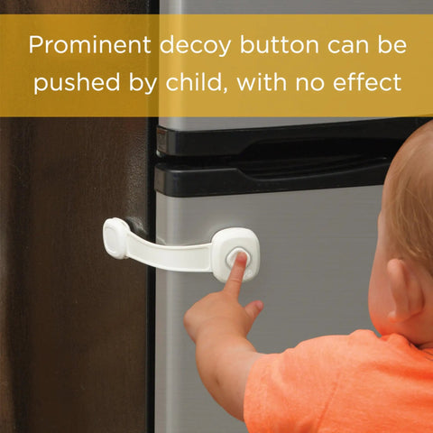 OutSmart Multi Use Lock 2 Pack White Easy No Drill Installation on fridge with decoy button pressed by child