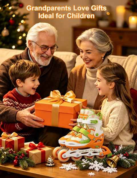 Grandparents with kids holding gift box with Adjustable Inline Skates For Kids Ages 12 To 16 Youth Size Y6 To Y8 Light Up Wheels