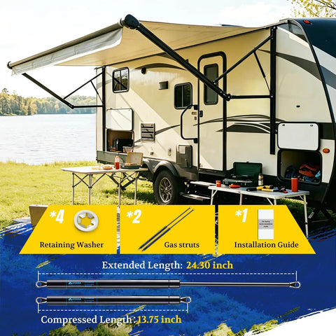 Top Notch Rv Awning Gas Struts 2 Pack 136 Lbs Force 24.3 Inch Center-to-Center beside RV on camping site.