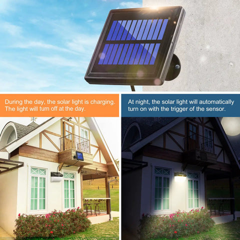 Solar Motion Lights Outdoor With Split Solar Panel, 3 Modes Dusk To Dawn Security Flood Lights on house exterior day and night