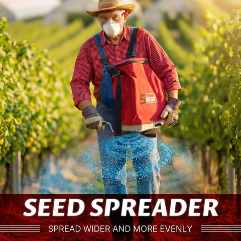 Person using Big 25 Lb Seed Spreader For Lawn And Garden, Adjustable Handheld Fertilizer And Grass Seed Spreader With Shoulder Strap