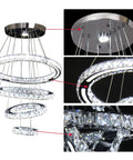 LED Crystal Chandelier With 4 Ring Design, Modern Stainless Steel Pendant Light, showcasing adjustable crystal rings.