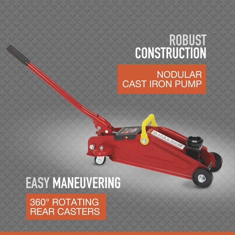 Smooth As Butter Hydraulic Trolley Jack With 2 Ton Load Rating side view showcasing nodular cast iron pump and rotating rear casters.